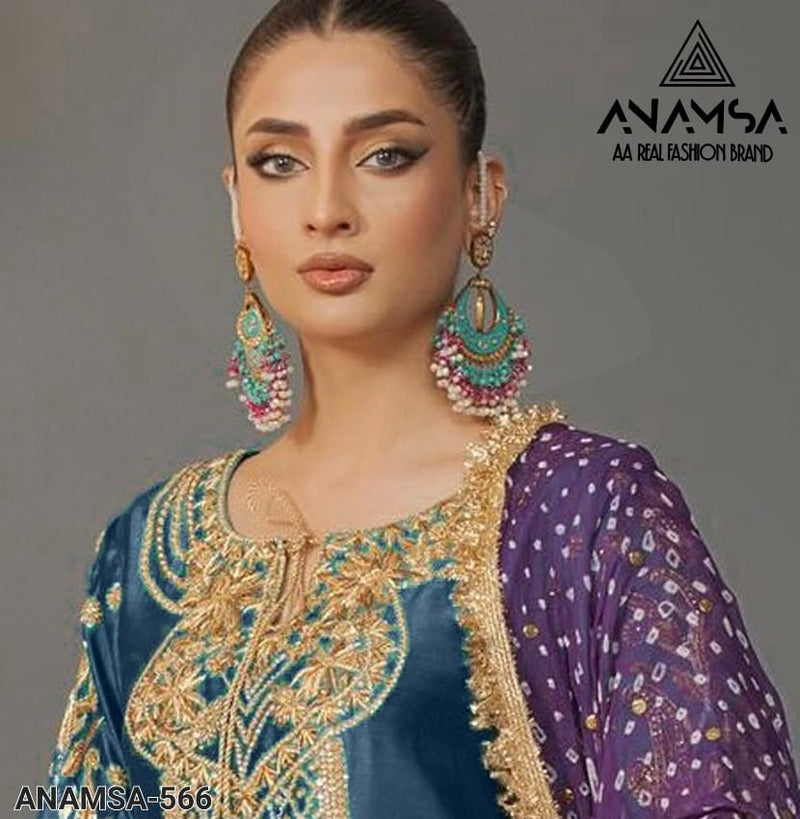 ANAMSA 566 HEAVY PURE ROMAN SILK WITH HEAVY EMBROIDERED SEQUENCE N MOTI WORK SUIT