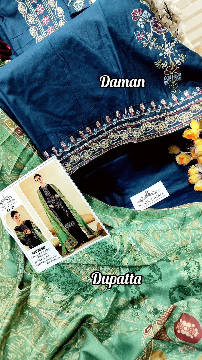 NOOR JAHAN NJ 50 COTTON FABRIC WITH SELF EMBROIDERY PAKISTANI SUIT