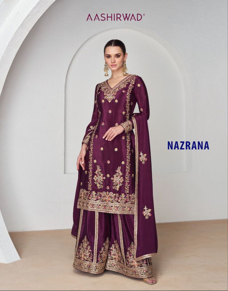 AASHIRWAD CREATION NAZRANA 9952 PREMIUM CHINNON SILK ETHNIC PARTY WEAR SHARARA