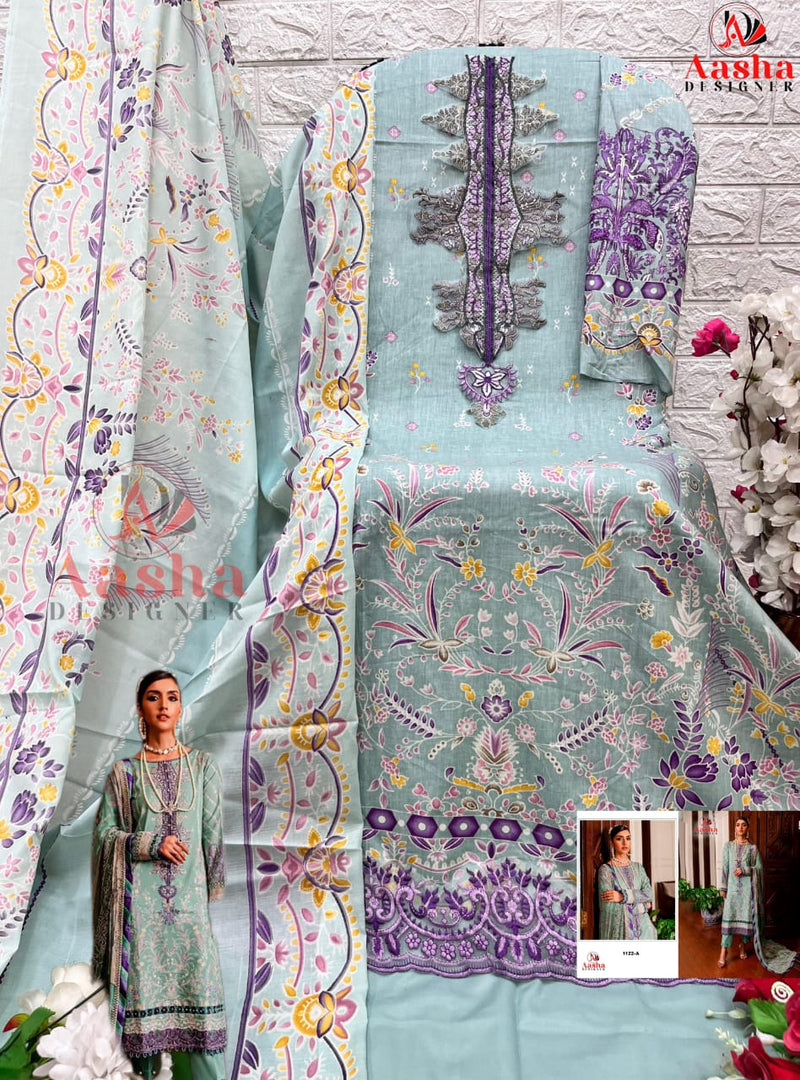 AASHA 1122 A PURE COTTON PRINT HEAVY EMBROIDERY PATCHES WORK CASUAL WEAR PAKISTANI SUIT