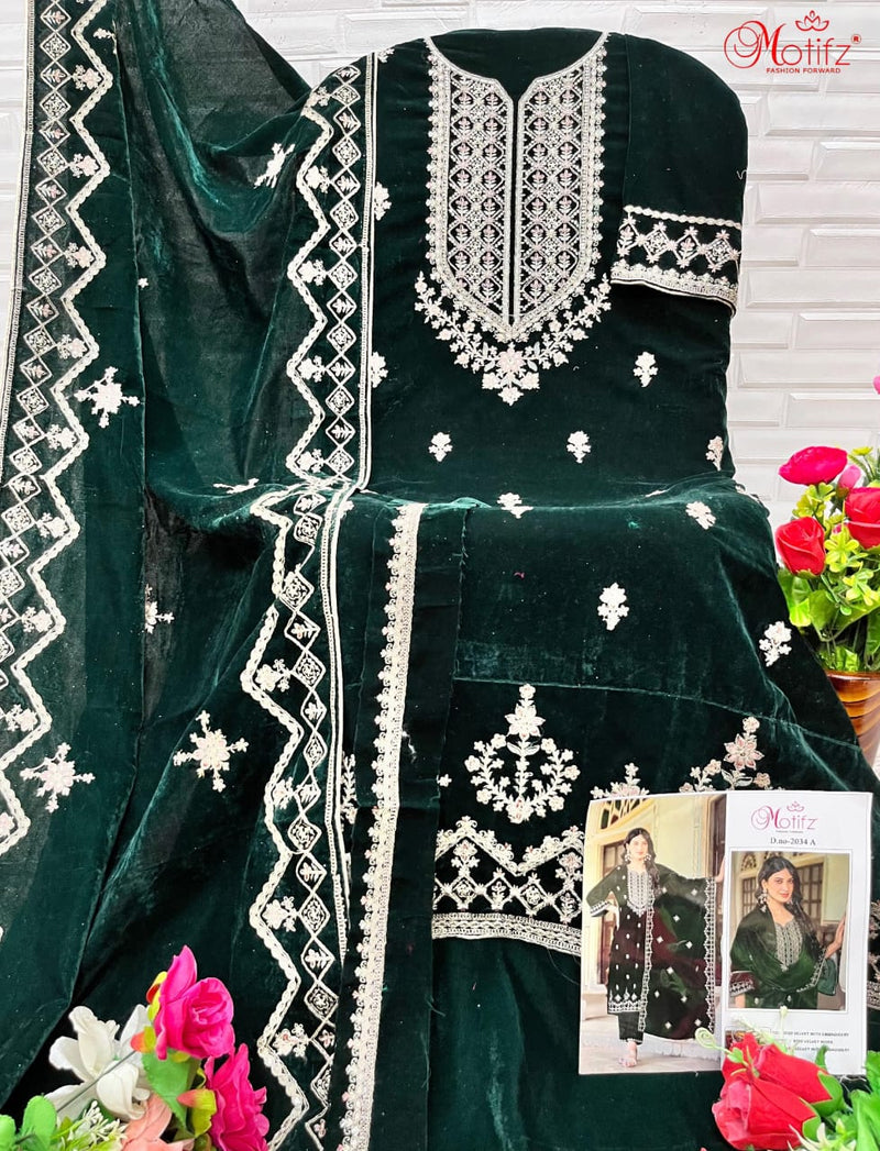 MOTIFZ 2034 A VELVET EMBROIDERY PATCH WORK WINTER WEAR PAKISTANI SUIT