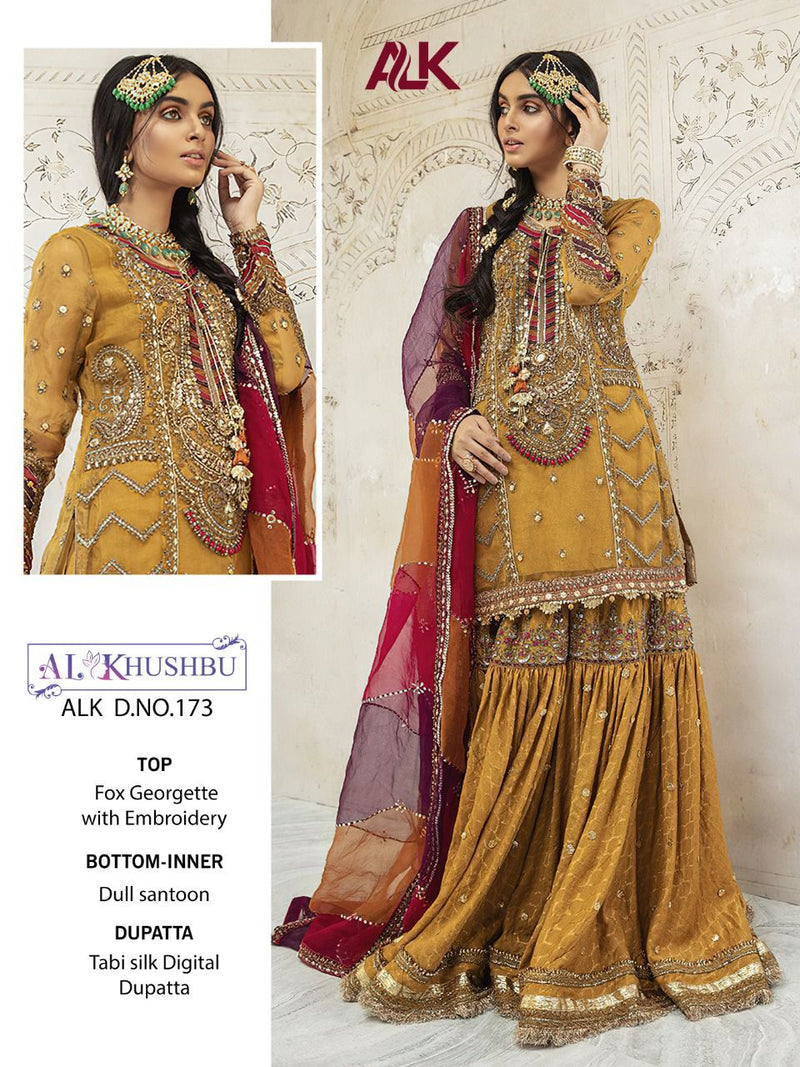 AL KHUSHBU ALK D NO 173 GEORGETTE WITH HEAVY EMBROIDERED PAKISTANI SHARARA SALWAR SUITS