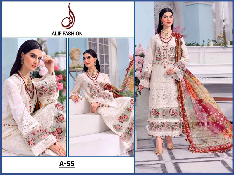 ALIF FASHION DNO A55 PURE CAMBRIC COTTON WITH HEAVY EMBROIDERY WORK STYLISH DESIGNER PAKISTANI SALWAR SUIT