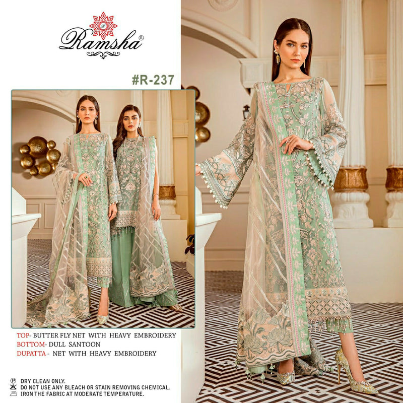 RAMSHA D NO R 237 GEORGETTE WITH NET EMBROIDERY WORK STYLISH DESIGNER FASTIVAL WEAR PAKISTANI SUIT