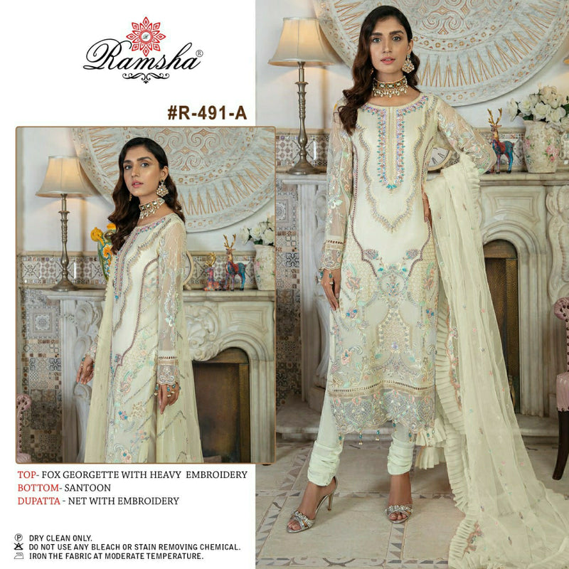 RAMSHA R 491 A GEORGETTE WITH HEAVY EMBROIDERY WORK STYLISH DESIGNER CASUAL WEAR PAKISTANI SUIT