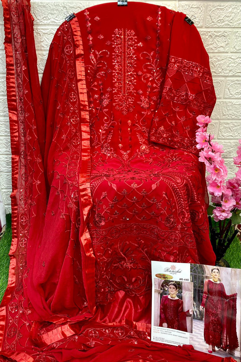 RAMSHA D NO R 448 GEORGETTE WITH HEAVY EMBROIDERY WORK STYLISH DESIGNER WEDDING WEAR PAKISTANI SUIT