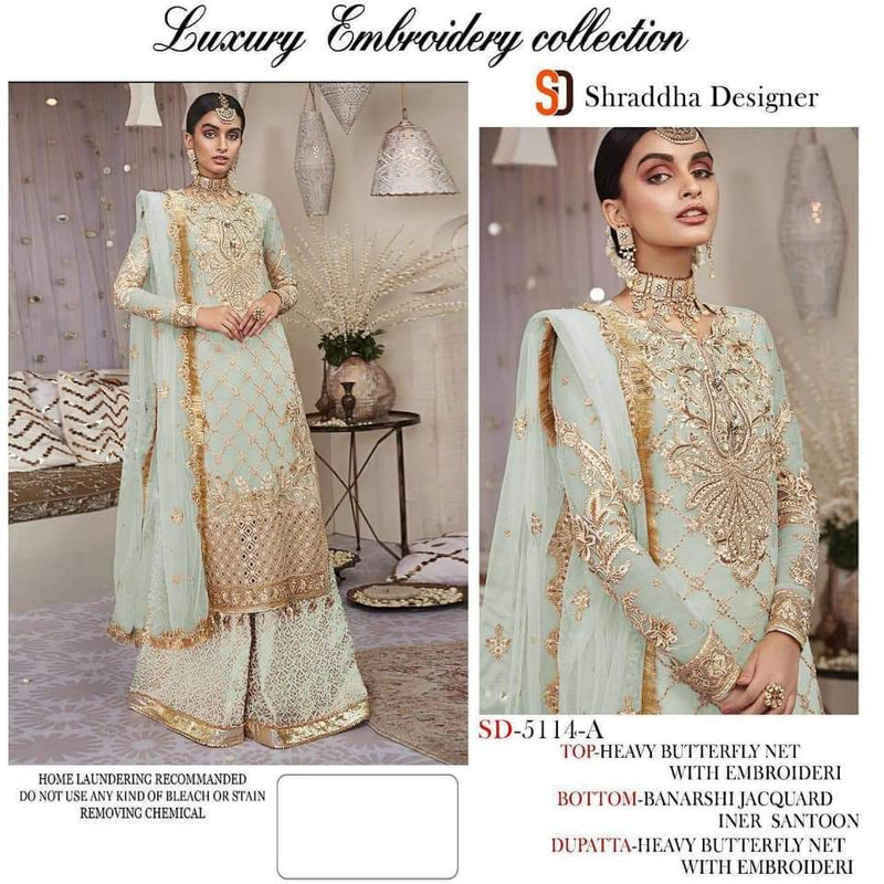 SHRADDHA DESIGNER D NO 5114 A GEORGETTE WITH HEAVY EMBROIDERY WORK STYLISH DESIGNER WEDDING WEAR PAKISTANIS SUIT