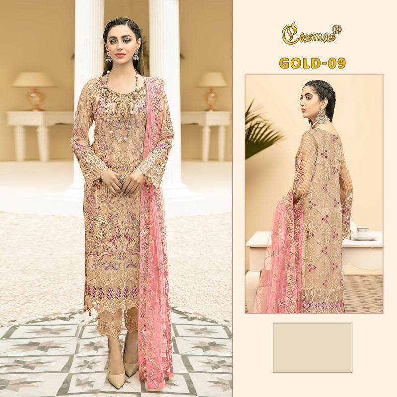COSMOS GOLD 09 GEORGETTE WITH HEAVY EMBROIDERY HAND WORK STYLISH DESIGNER FASTIVAL WEAR PAKISTANI SUIT