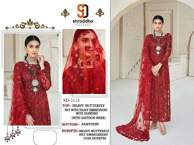 SHRADDHA DESIGNER D NO 5112 GEORGETTE WITH BUTTERFLY NET WITH HEAVY EMBROIDERY FANCY LOOK STYLISH DESIGNER WEDDING WEAR