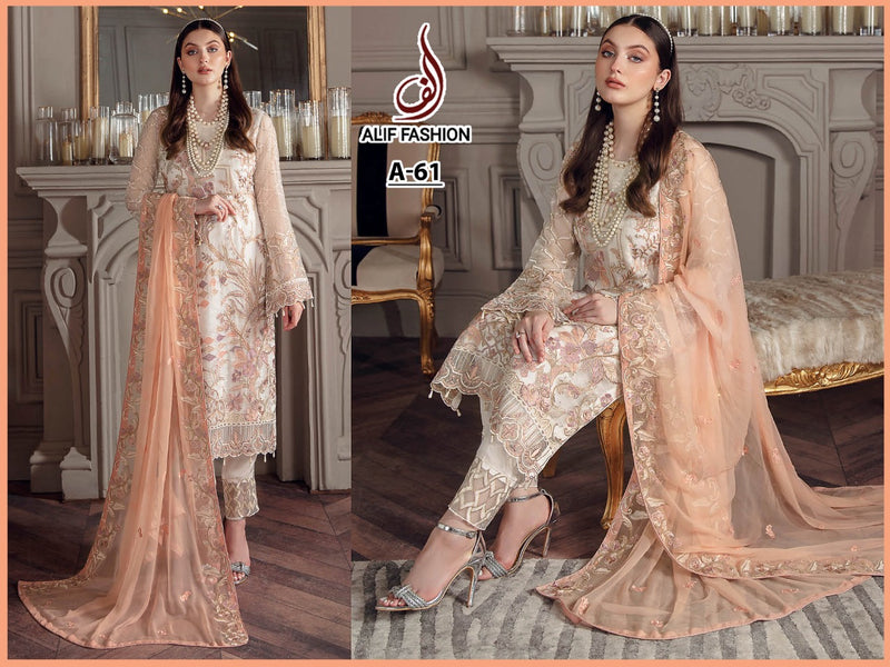 ALIF FASHION D NO A 61 GEORGETTE WITH HEAVY EMBROIDERY WORK STYLISH DESIGNER FANCY LOOK FESTIVAL WEAR PAKISTANI SUIT