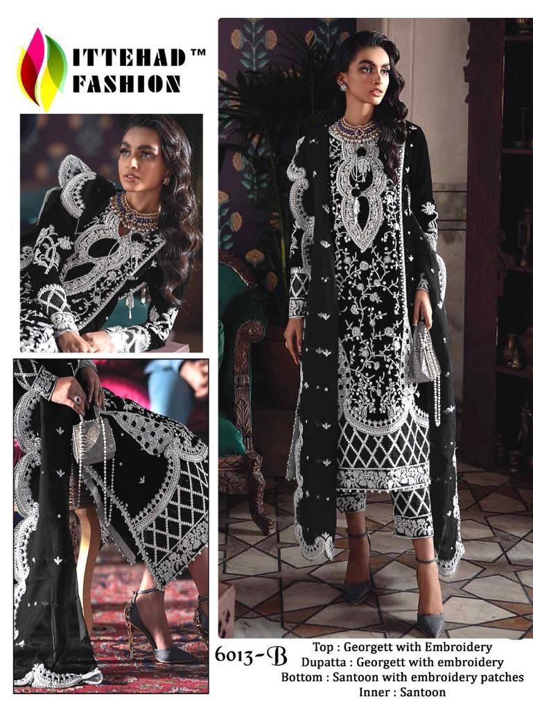 ITTEHAD FASHION D NO 6013 B GEORGETTE WITH HEAVY EMBROIDERY WORK STYLISH DESIGNER PARTY WEAR PAKISTANI SUIT