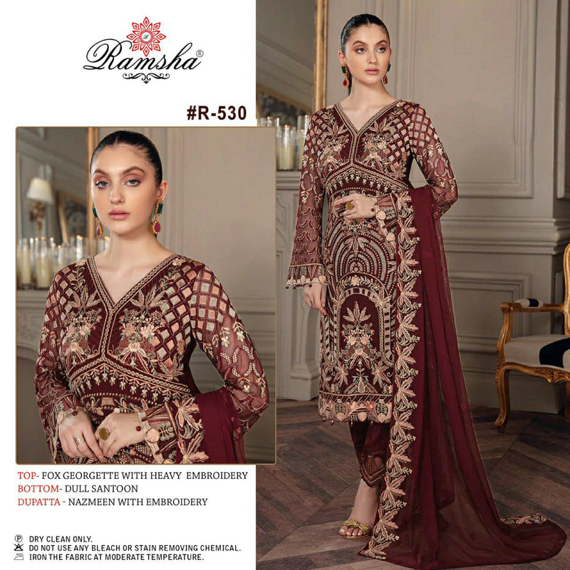RAMSHA D NO 530 GEORGETTE WITH EMBROIDERY WORK FANCY DESIGN PARTY WEAR PAKISTANI SUIT