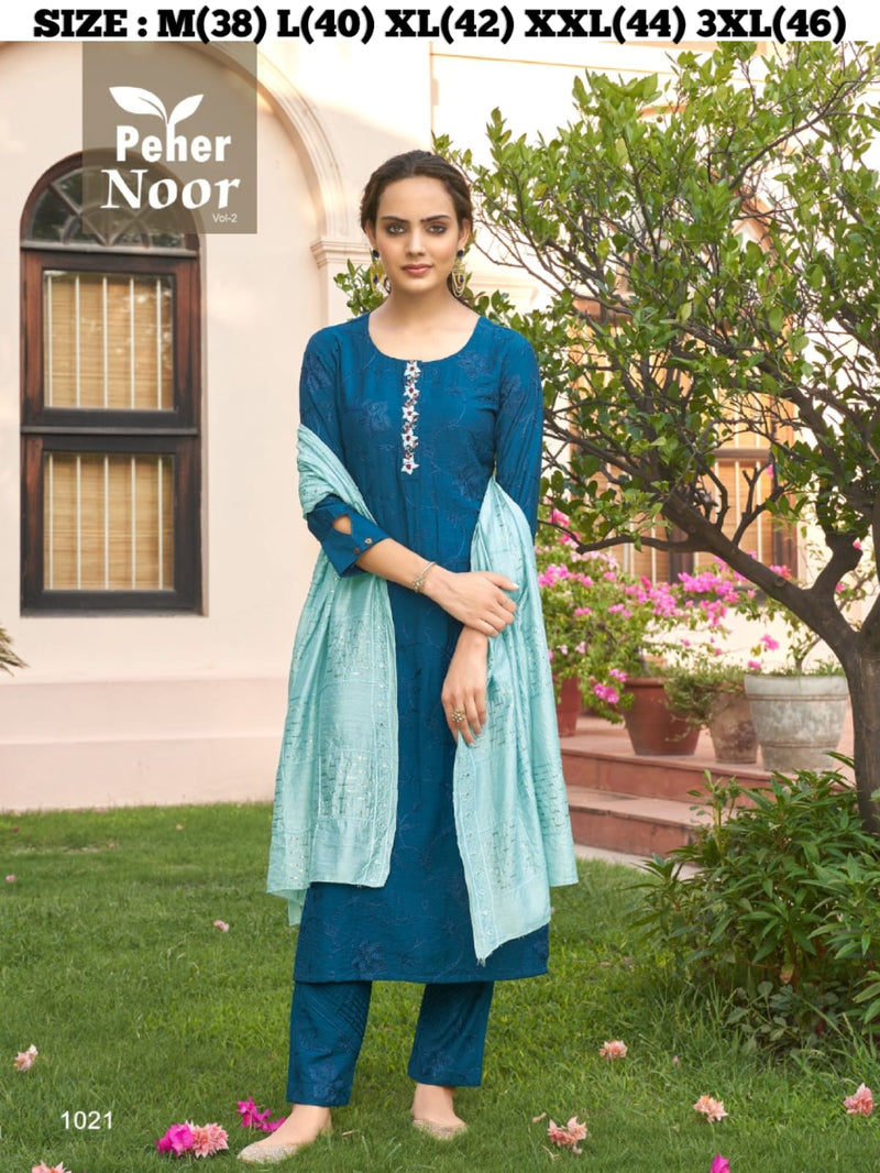 PEHER NOOR VOL 2 1021 BERLIN SILK WITH HEAVY SEQUENCE EMBROIDERY WORK FANCY LOOK STYLISH KURTI WITH PANT