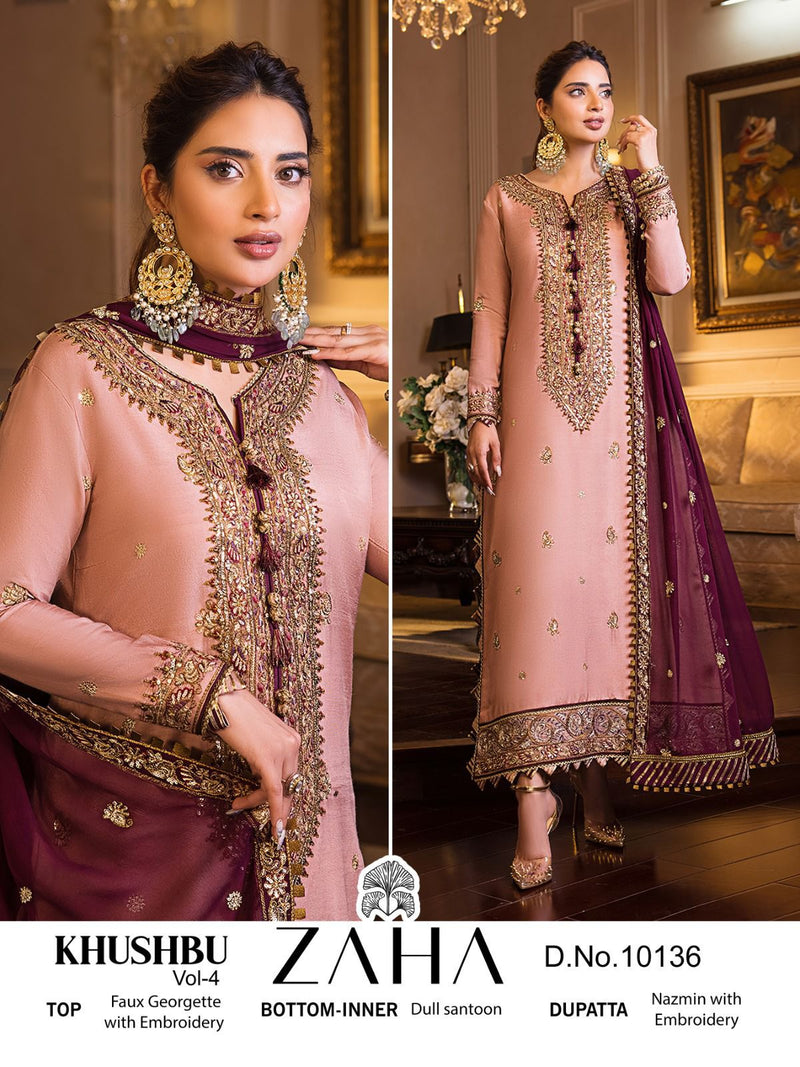 ZAHA KHUSHBU -VOL-4-10136 GEORGETTE HEAVY EMBROIDERED PARTY WEAR PAKISTANI SUIT SINGLES