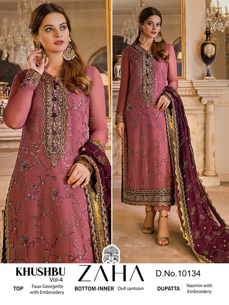 ZAHA KHUSHBU -VOL-4-10134 GEORGETTE HEAVY EMBROIDERED PARTY WEAR PAKISTANI SUIT SINGLES