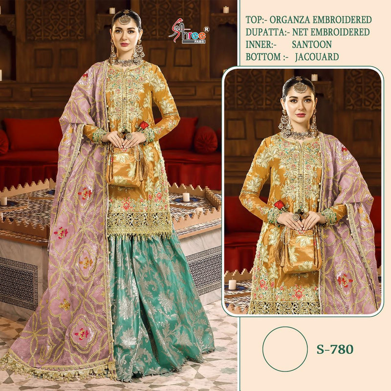 SHREE FAB S -780 ORGANZA EMBROIDERED PARTY WEAR PAKISTANI SUIT SINGLES