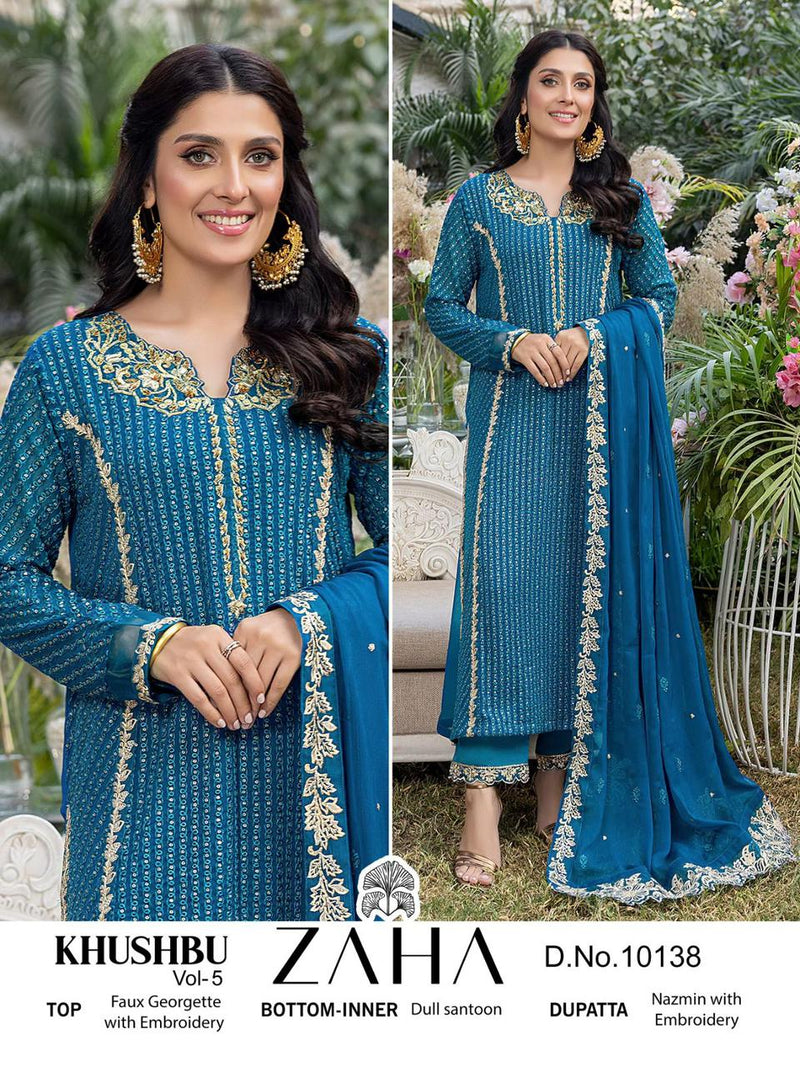 ZAHA KHUSHBU -VOL-5-10138 GEORGETTE HEAVY EMBROIDERED PARTY WEAR PAKISTANI SUIT SINGLES