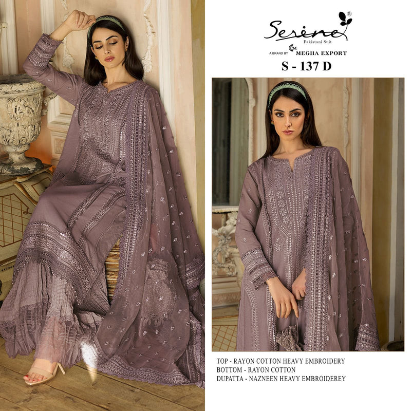 SERINE S-137-D RAYON COTTON HEAVY EMBROIDERED STYLISH DESIGNER PARTY WEAR PAKISTANI SUIT SPEICAL EID COLLETIONS SINGLES