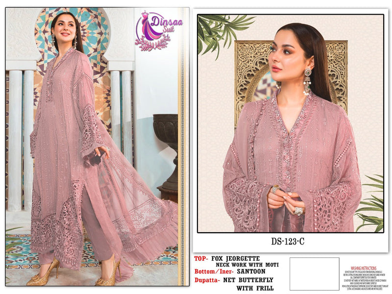 DINSAA SUIT D NO 123 C GEORGETTE WITH HEAVY EMBROIDERY STYLISH DESIGNER PARTY WEAR SALWAR SUIT