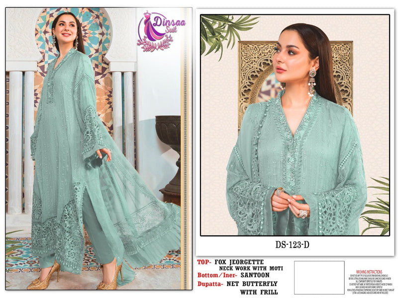 DINSAA SUIT D NO 123 D GEORGETTE WITH HEAVY EMBROIDERY STYLISH DESIGNER PARTY WEAR SALWAR SUIT