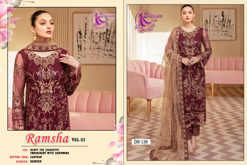 DINSAA SUIT D NO 139 GEORGETTE WITH HEAVY EMBROIDERY STYLISH DESIGNER PARTY WEAR PAKISTANI SUIT