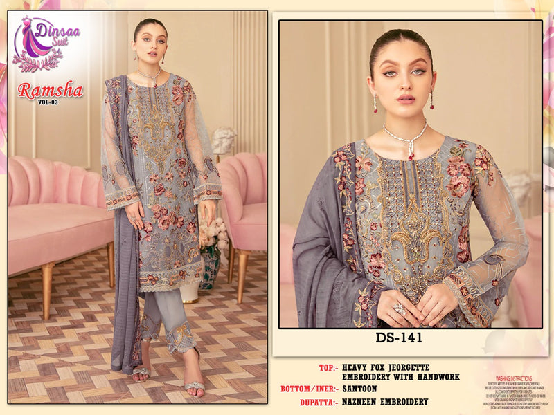 DINSAA SUIT D NO 141 GEORGETTE WITH HEAVY EMBROIDERY WORK STYLISH DESIGNER WEDDING WEAR PAKISTANI SUIT